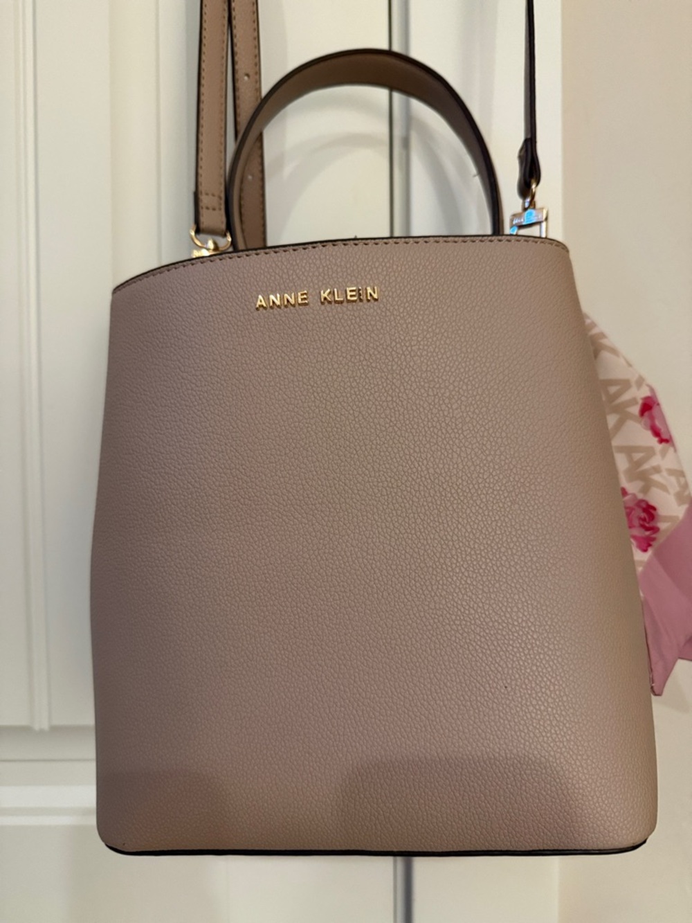 Anne Klein Tan/Mauve Pebbled Faux Leather purse with Top Handles